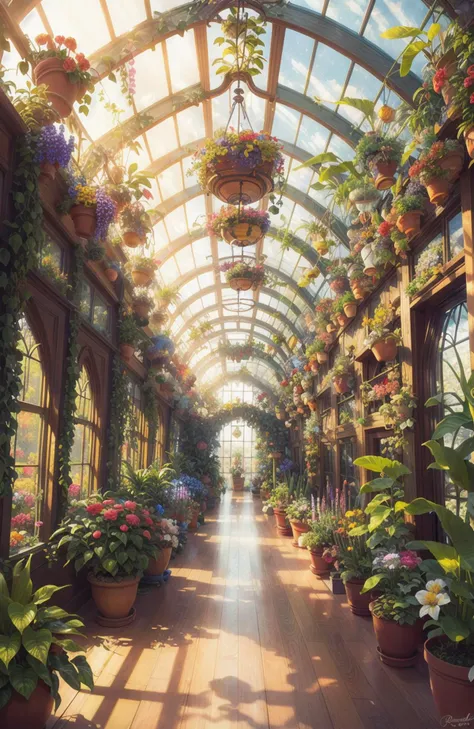 A digital painting of a luxurious and colorful greenhouse filled with exotic plants and flowers, with natural light flowing through the glass walls. (Vibrant colors:1.3), (Hyper-realistic:1.2), (Highly detailed:1.3), (Botanical:1.4), inspired by the works of Robert Kushner and Georgia O'Keeffe