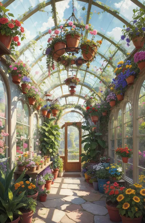 A digital painting of a luxurious and colorful greenhouse filled with exotic plants and flowers, with natural light flowing through the glass walls. (Vibrant colors:1.3), (Hyper-realistic:1.2), (Highly detailed:1.3), (Botanical:1.4), inspired by the works of Robert Kushner and Georgia O'Keeffe