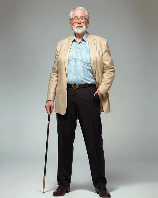 (award-winning full-body painting) of (old man) depicts (wrinkles and age spots) on (pale blue skin), (thick white hair) with (black spots), (brown eyes) with (tiny red veins), (black glasses) on (nose), (white shirt) with (grayish-blue stripes), (beige trousers), (black leather shoes) with (silver buckles), (gold watch) on (wrist), (silver wedding ring) on (finger), (ivory-colored walking cane) with (brown handle)
<lora:epiNoiseoffset_v2:1>