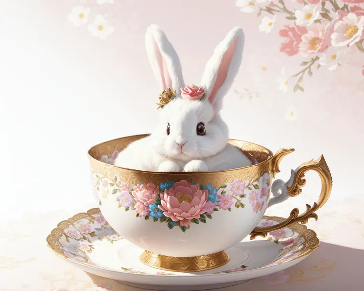 A cute fluffy bunny is nestled inside an exquisitely ornate teacup. The cup is adorned with intricate floral patterns that complement the vibrant flowers surrounding the cup. The scene is dreamy, magical, and evokes a sense of wonder. (fantasy:1.3), (vibrant colors:1.2), (detailed teacup:1.4), (floral patterns:1.5), (intricate flowers:1.4), (cute bunny:1.2), (sharp focus:1.3), (charming:1.4), (whimsical:1.3), (intricate details:1.3), (dreamy:1.3), (magic:1.2), (trending on ArtStation)