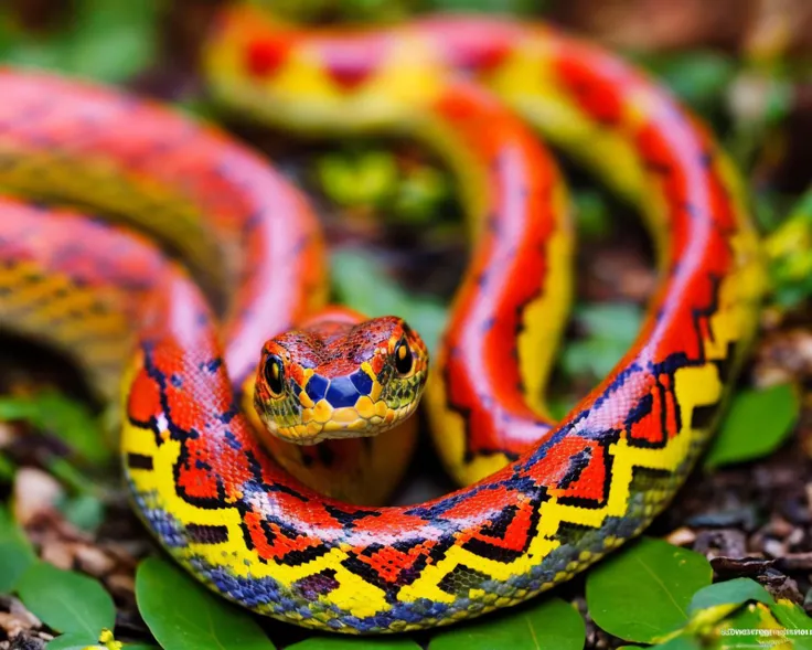 A breathtaking raw photograph of a brightly colored snake, captured in its natural habitat, vivid, intricate, and detailed, (bright colors:1.3), (intricate details:1.1), (sharp focus:1.2), (detailed scales:1.2), wildlife photography by Beverly Joubert, featured in National Geographic, 8K raw photo, (bokeh:1.4), (depth of field:1.3), Photorealistic