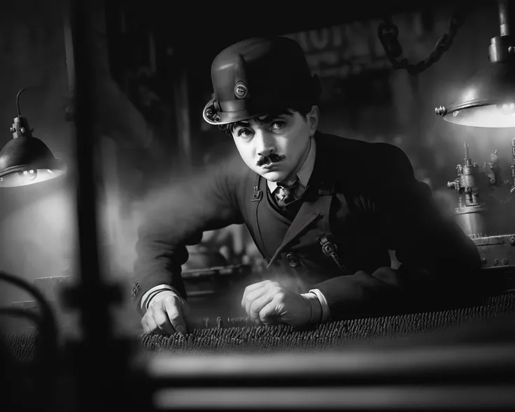 (A worker toiling on a frenzied production line:1.3), (fast-paced:1.2), (gritty:1.3), (chaplin-inspired:1.3), (noir:1.2), (monochrome:1.2), (realistic:1.1), (photorealistic:1.1), (hires:1.2), (cinematic:1.2), art by Tim Burton and David OReilly