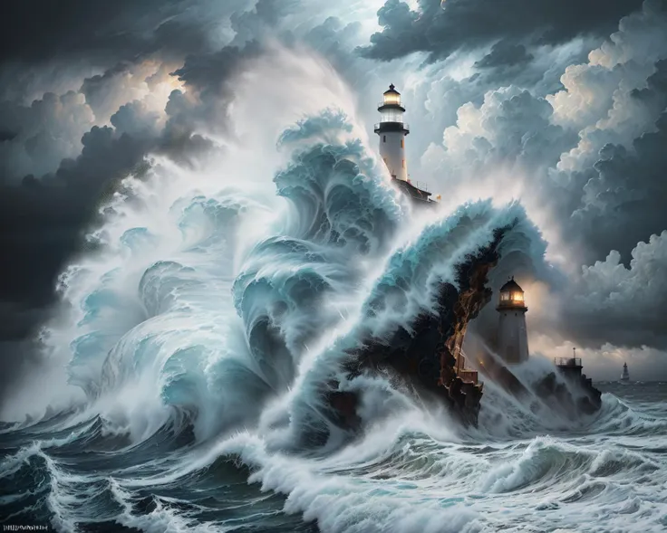 An ultra-detailed oil painting of a lighthouse surrounded by raging waves and stormy skies. (dramatic:1.4), (hyper-realistic), (highly detailed:1.5), (intricate details:1.2), (palette knife:1.2), (by Greg Manchess), (HDR:1.3), (intense:1.1), (cinematic lighting:1.3), (trending on CGsociety), (surreal:1.2), (high contrast:1.3), (oil painting texture:1.5), (dramatic shadows:1.2)