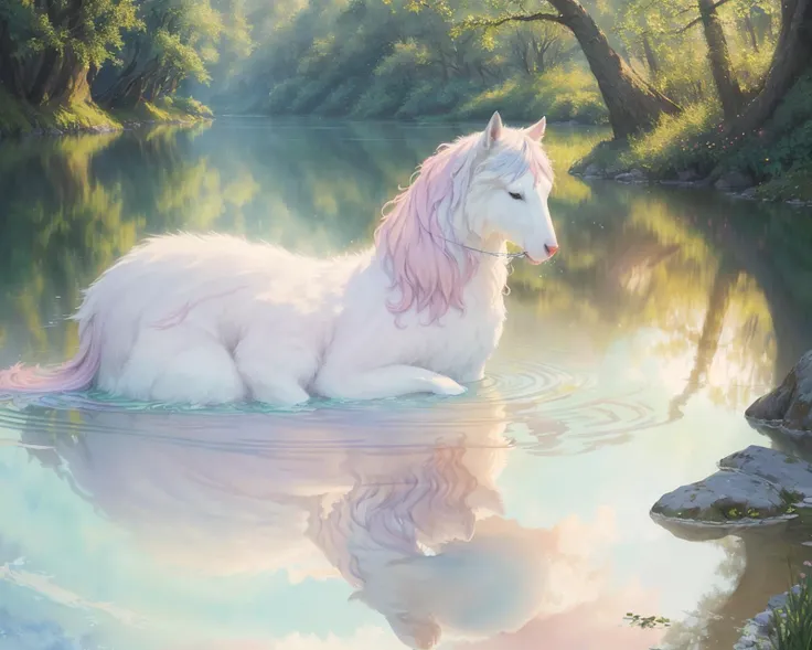 A gentle, peaceful mystical animal gliding over a calm river, with soft, flowing fur and a serene expression, (pastel colors:1.4), (soft focus:1.2), (harmonious:1.3), (tranquil:1.3), digital painting in a unique style inspired by Gustav Klimt, William Morris, and Arthur Hughes, (watercolor:1.2), (trending on Artstation:1.1), (reflections on the water:1.3), (detailed:1.2), (ethereal:1.1), (intricate details:1.2), 8K resolution, photorealistic, (subtle:1.1), HDR, (trending on CGsociety:1.1), (mystical:1.3), peaceful, (sublime:1.1)