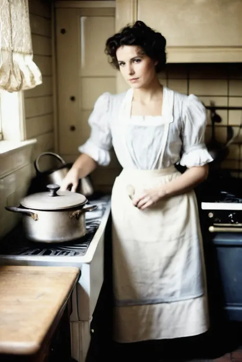 analog film photo Portrait of a young woman in an early 1900s kitchen, (nostalgic:1.2), ('vintage atmosphere':1.4), ('sepia tone:1.3), ('old-time charm:1.5), ('antique details:1.3), ('grainy texture:1.4), ('vintage clothing:1.4), (kitchen utensils:1.3), (subdued lighting:1.4), (aged photograph:1.2), (historic setting:1.3), (classic cookware:1.3), (vintage appliances:1.2), (soft focus:1.3), (early 1900s:1.4), ('gentle ambiance:1.2), 'Edwardian era:1.3', 'retro feel:1.4', 'nostalgic warmth:1.2', (timeless charm:1.3), 'historical authenticity:1.4', ('early 20th century:1.4'), vintage cooking scene, ('historical accuracy:1.3'), ('homely setting:1.3'), , faded film, desaturated, 35mm photo, grainy, vignette, vintage, Kodachrome, Lomography, stained, highly detailed, found footage