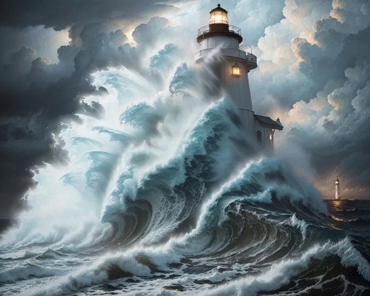 An ultra-detailed oil painting of a lighthouse surrounded by raging waves and stormy skies. (dramatic:1.4), (hyper-realistic), (highly detailed:1.5), (intricate details:1.2), (palette knife:1.2), (by Greg Manchess), (HDR:1.3), (intense:1.1), (cinematic lighting:1.3), (trending on CGsociety), (surreal:1.2), (high contrast:1.3), (oil painting texture:1.5), (dramatic shadows:1.2)