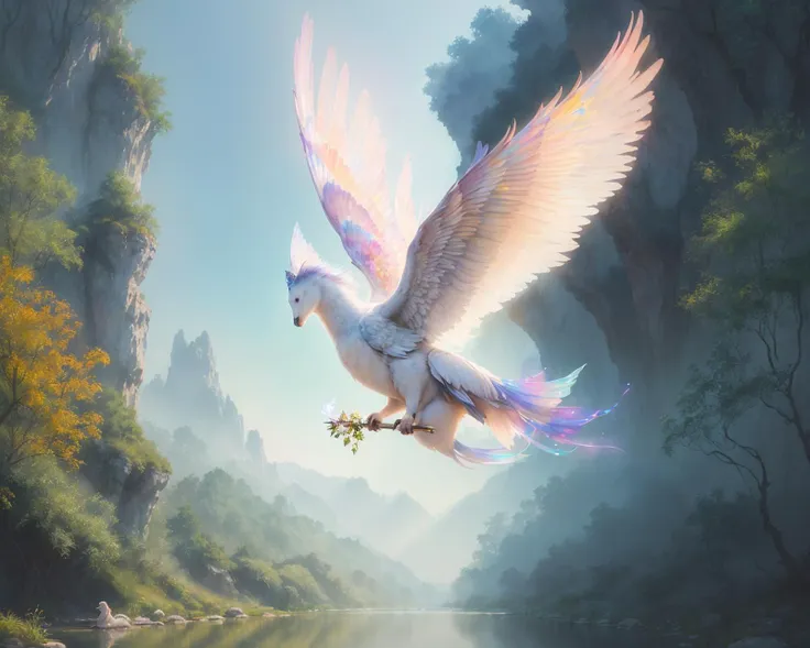 (A mystical animal flying gracefully over a peaceful river:1.3), (with shimmering wings and a serene expression:1.2), soft focus, pastel colors, (harmonious:1.2), (peaceful:1.4), digital painting in a unique style inspired by Brian Froud, Wendy Froud, and Nene Thomas, (watercolor:1.3), (trending on Artstation:1.1), (reflections on the water:1.2), (detailed:1.2), (ethereal:1.2), (intricate details:1.2), 8K resolution, photorealistic, (subtle:1.1), HDR, (trending on CGsociety:1.1), (mystical:1.2), peaceful, (sublime:1.1)