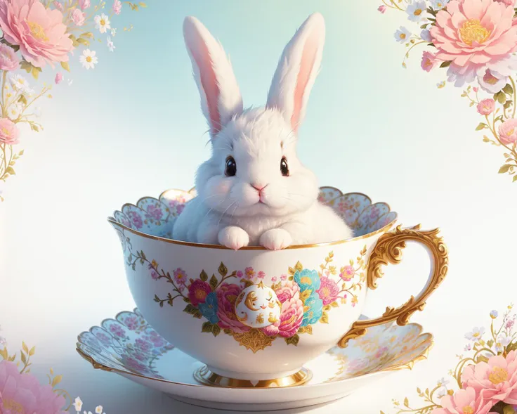 A cute fluffy bunny is nestled inside an exquisitely ornate teacup. The cup is adorned with intricate floral patterns that complement the vibrant flowers surrounding the cup. The scene is dreamy, magical, and evokes a sense of wonder. (fantasy:1.3), (vibrant colors:1.2), (detailed teacup:1.4), (floral patterns:1.5), (intricate flowers:1.4), (cute bunny:1.2), (sharp focus:1.3), (charming:1.4), (whimsical:1.3), (intricate details:1.3), (dreamy:1.3), (magic:1.2), (trending on ArtStation)