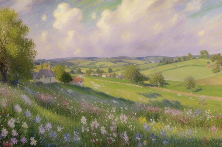 An oil painting of a picturesque countryside landscape, featuring rolling hills, blooming flowers, and a rainbow in the distance. (Impressionism:1.4), (Plein Air:1.3), (Light brushstrokes:1.2), (Highly detailed:1.2), inspired by the works of Claude Monet, John Singer Sargent, and Vincent Van Gogh