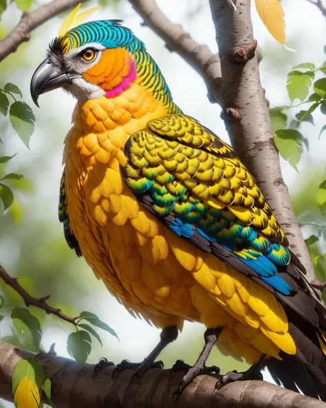 A stunning photo of a Pitangus sulphuratus perched on a tree branch, vivid, hyperrealistic, detailed, with its characteristic yellow belly, (bright colors:1.3), (detailed feathers:1.2), (feather texture:1.2), (sharp focus:1.2), (intricate details:1.1), art by Benoit Finck, trending on Instagram, 4K UHD image, (depth of field:1.3), Photorealistic