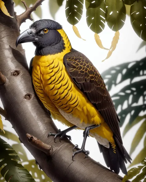 A stunning photo of a Pitangus sulphuratus "Pitangus sulphuratus is a medium-sized, stocky bird with a distinctive black-and-white head, yellow belly, and brownish-black back and wings. It has a long tail with white outer feathers, a large, thick, straight beak with a sharp hook at the tip, and short legs with strong feet and sharp claws", perched on a tree branch, vivid, hyperrealistic, detailed, with its characteristic yellow belly, (bright colors:1.3), (detailed feathers:1.2), (feather texture:1.2), (sharp focus:1.2), (intricate details:1.1), art by Benoit Finck, trending on Instagram, 4K UHD image, (depth of field:1.3), Photorealistic