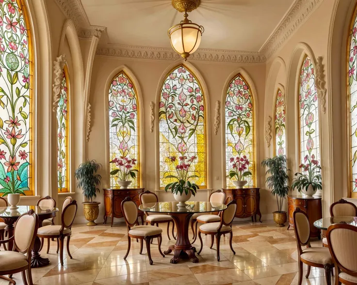 An Art Nouveau Cafe in Paris, France, with lush vegetation and soft lighting, reminiscent of the late 19th century. A beautiful, ornate interior with intricate wall decorations, golden furnishings, and decorative glasswork. The air filled with the scent of freshly brewed coffee and freshly baked pastries. (incredible glasswork:1.2), (stained glass windows:1.2), (floral patterns:1.2), (majestic plants:1.3), (bronze sculptures:1.3), (art nouveau furniture:1.3), (elegant lighting:1.3), (vintage ambiance:1.2), (golden:1.2), (photorealistic:1.2), (fine art:1.2)