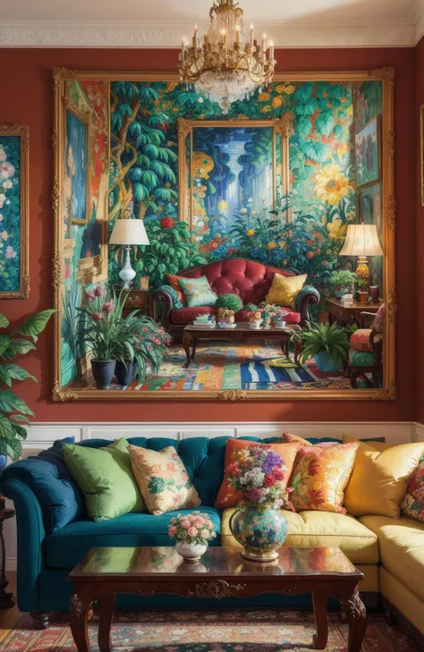 An oil painting of a maximalist living room featuring a variety of lush plants, vibrant floral arrangements, and bold patterns. (Impressionism:1.4), (Maximalism:1.3), (Highly detailed:1.2), (Warm colors:1.2), inspired by the works of David Hockney and Gustav Klimt