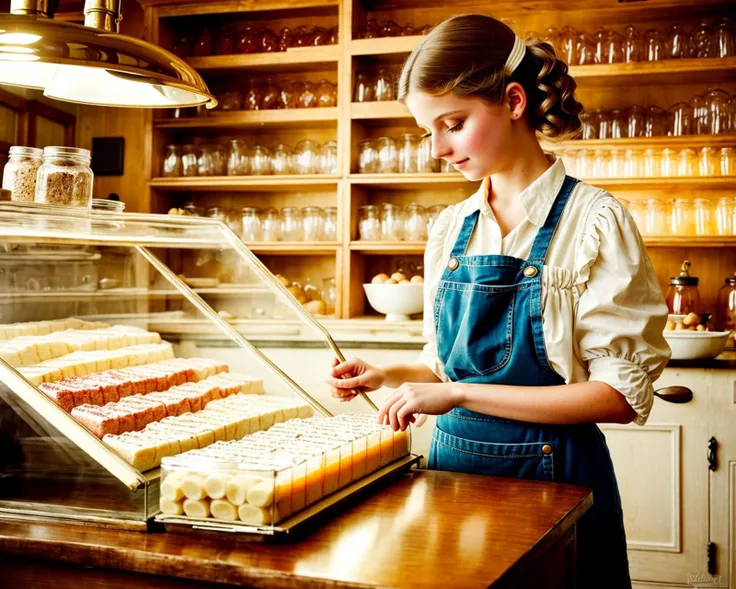 A scene in an old-fashioned candy store filled with jars of colorful sweets, a vintage cash register, and a display of nostalgic candy packaging. The shopkeeper, dressed in a white apron, is serving a young girl with pigtails. The scene is bathed in warm, golden light. (nostalgic:1.3), (vintage:1.4), (whimsical:1.2), (colorful:1.2), (textured:1.2), (intricate details:1.3), (high-resolution:1.3), (photorealistic:1.2), (timeless classical world:1.3), (a glimpse into the past:1.2), (retro:1.2)