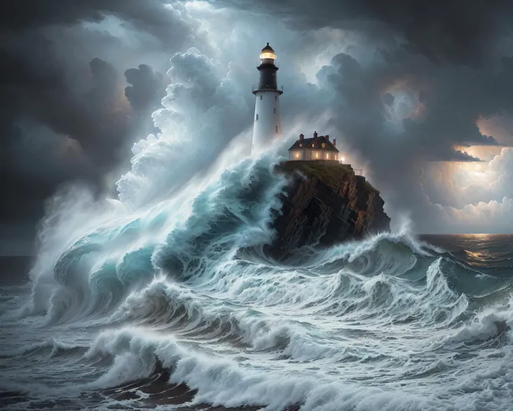 An ultra-detailed oil painting of a lighthouse surrounded by raging waves and stormy skies. (dramatic:1.4), (hyper-realistic), (highly detailed:1.5), (intricate details:1.2), (palette knife:1.2), (by Greg Manchess), (HDR:1.3), (intense:1.1), (cinematic lighting:1.3), (trending on CGsociety), (surreal:1.2), (high contrast:1.3), (oil painting texture:1.5), (dramatic shadows:1.2)