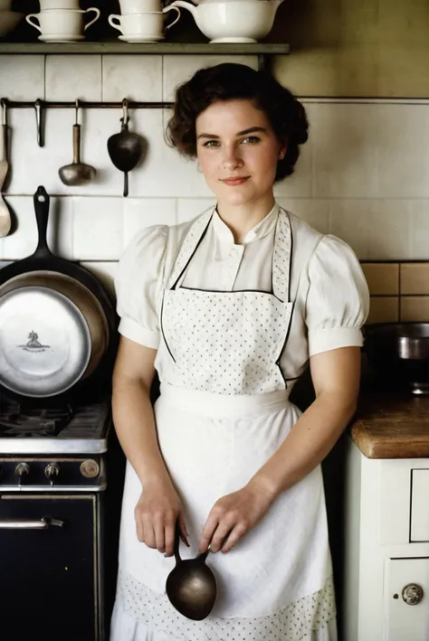 analog film photo Portrait of a young woman in an early 1900s kitchen, (nostalgic:1.2), ('vintage atmosphere':1.4), ('sepia tone:1.3), ('old-time charm:1.5), ('antique details:1.3), ('grainy texture:1.4), ('vintage clothing:1.4), (kitchen utensils:1.3), (subdued lighting:1.4), (aged photograph:1.2), (historic setting:1.3), (classic cookware:1.3), (vintage appliances:1.2), (soft focus:1.3), (early 1900s:1.4), ('gentle ambiance:1.2), 'Edwardian era:1.3', 'retro feel:1.4', 'nostalgic warmth:1.2', (timeless charm:1.3), 'historical authenticity:1.4', ('early 20th century:1.4'), vintage cooking scene, ('historical accuracy:1.3'), ('homely setting:1.3'), , faded film, desaturated, 35mm photo, grainy, vignette, vintage, Kodachrome, Lomography, stained, highly detailed, found footage