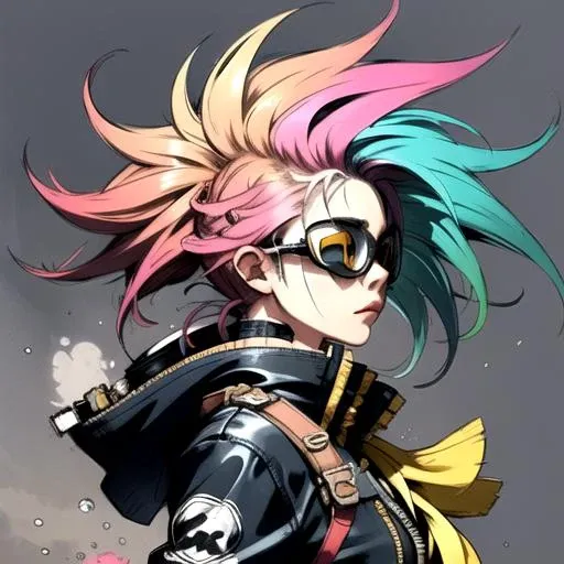 1girl, floating_hair, from_side, goggles, goggles_on_head, moon, multicolored_hair, pink_hair, solo, wind by JM