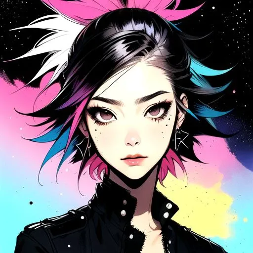 1girl, black_hair, looking_at_viewer, makeup, mole, multicolored_hair, pink_hair, portrait, solo, space, star_\(sky\), starry_sky, traditional_media by JM
