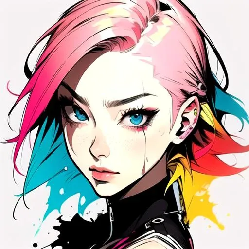 1girl, face, looking_at_viewer, multicolored_hair, pink_hair, portrait, solo, tears by JM