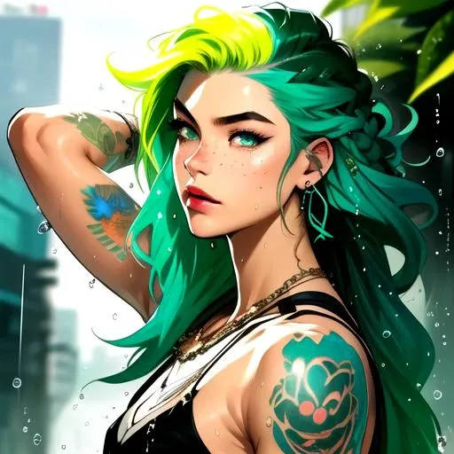 1girl, arm_behind_head, arm_tattoo, freckles, green_hair, hand_in_hair, jewelry, lips, long_hair, looking_at_viewer, makeup, multicolored_hair, necklace, rain, solo, tattoo, upper_body, water_drop, wet by JM