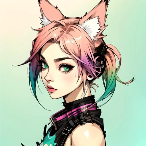 1girl, animal_ears, gradient, gradient_background, green_background, looking_at_viewer, pink_hair, solo by JM