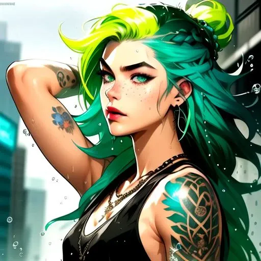 1girl, arm_behind_head, arm_tattoo, freckles, green_hair, hand_in_hair, jewelry, lips, long_hair, looking_at_viewer, makeup, multicolored_hair, necklace, rain, solo, tattoo, upper_body, water_drop, wet by JM