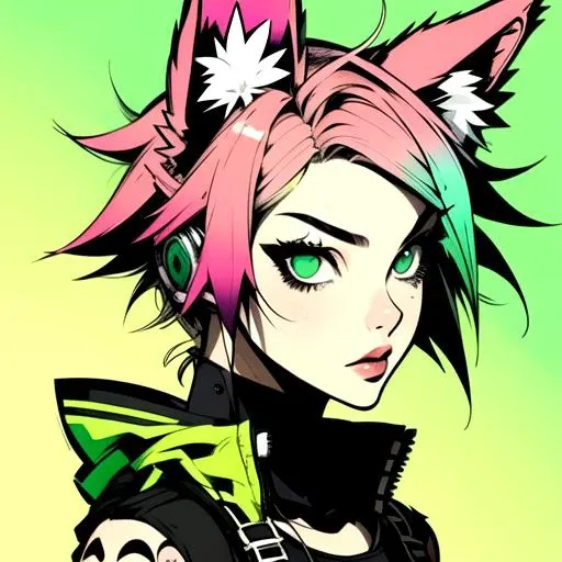 1girl, animal_ears, gradient, gradient_background, green_background, looking_at_viewer, pink_hair, solo by JM