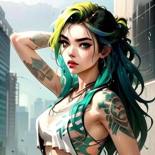 1girl, arm_behind_head, arm_tattoo, freckles, green_hair, hand_in_hair, jewelry, lips, long_hair, looking_at_viewer, makeup, multicolored_hair, necklace, rain, solo, tattoo, upper_body, water_drop, wet by JM