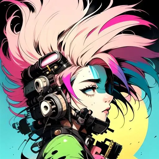 1girl, floating_hair, from_side, goggles, goggles_on_head, moon, multicolored_hair, pink_hair, solo, wind by JM