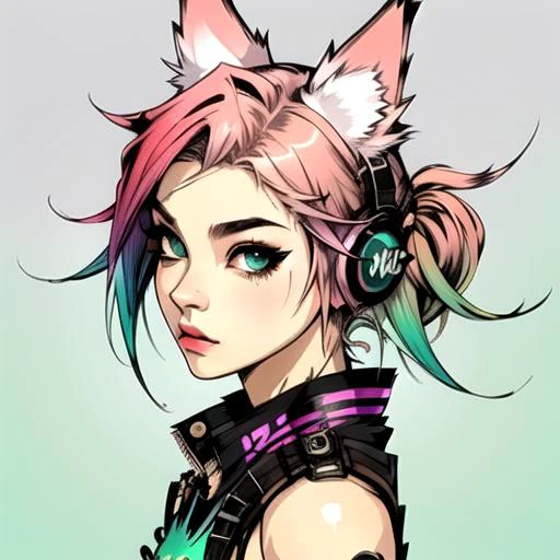 1girl, animal_ears, gradient, gradient_background, green_background, looking_at_viewer, pink_hair, solo by JM