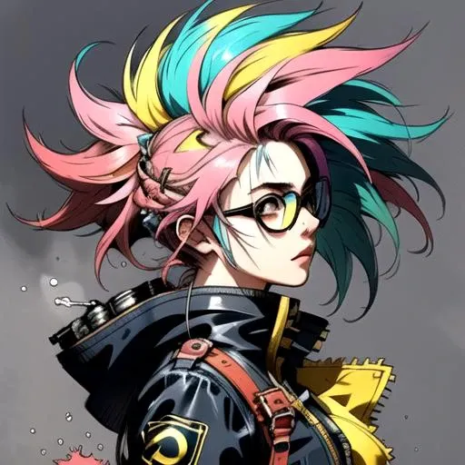 1girl, floating_hair, from_side, goggles, goggles_on_head, moon, multicolored_hair, pink_hair, solo, wind by JM