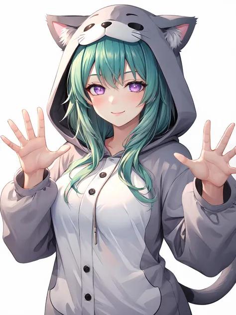 masterpiece, best quality, very aesthetic, ultra detailed, intricate details, 4k, anime style,
aigreen, 1girl, solo, blush, smile, purple eyes, symbol-shaped pupils, power symbol, green hair, long hair, very long hair, breasts, large breasts, bangs, halterneck, 
PajamAnimal, animal ears, grey hair, cat ears, hood, hoodie, animal hood, animal costume, cat hood, cat costume, pajamas, cat tail, 
upper body, looking at viewer, waving, waving arms, simple background, white background, <lora:Green_Heart_SD:1>, <lora:Concept_Pajamas:1>