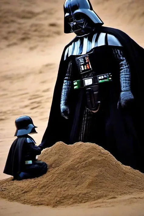 Masterpice,High Quality,
 <lora:PE_DarthVader:0.8> PEDarthVader
kneeling in sand,building a sandcastle