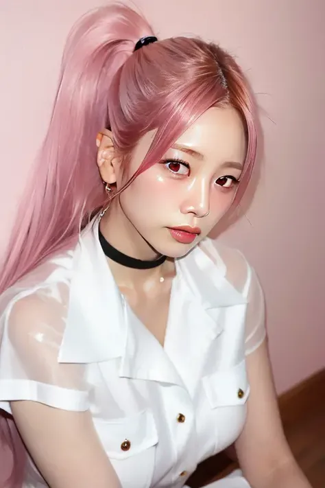 best quality,masterpiece,realistic,1girl,solo,ambient light,looking at camera,upper body,
indoors,office,
detail face,complete eyes,
pink hair,high ponytail, bare shoulders,
white shirt,
black choker,hoop earrings,
a photo of kimminji,<lora:Dreamcatcher JiU v1:1>