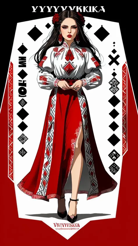highest quality, 16k, 2d, fashion magazine cover, hand drawn, drawing, ink graphics, intricate, (full body:1.2), (detailed face, detailed eyes:1.2), (fashion model in red vyshyvanka long dress with black and white pattern:1.2), (text that says "VYSHYVANKA":1.5), high heels, high fashion, cartoon, print design, stylization <lora:vyshyvanka:1>