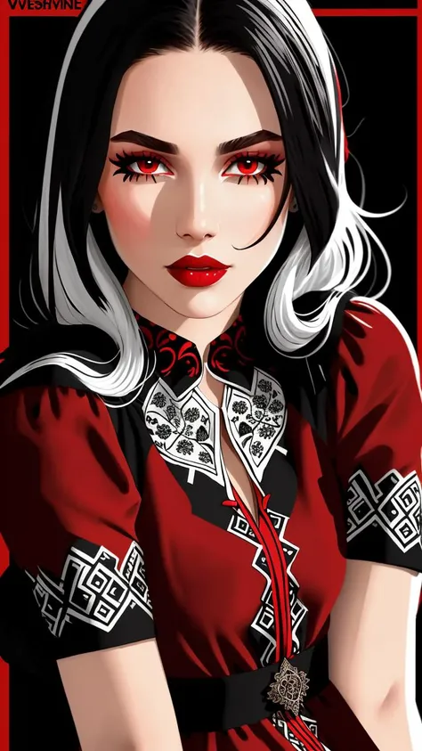 highest quality, 16k, 2d, fashion magazine cover, hand drawn, drawing, ink graphics, intricate, upper body, (detailed face, detailed eyes:1.2), (fashion model in red vyshyvanka dress with black and white pattern:1.2), high fashion, cartoon, print design, stylization <lora:vyshyvanka:1>