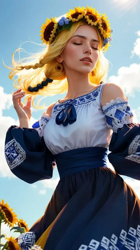 highest quality, 16k, raw photo, photorealistic, professional photograph, intricate, (close up:1.3), action photo, low angle, portrait, upper half, (detailed skin, detailed hands:1.2), (1girl in (dark blue vyshyvanka dress:1.1) with light blue and white geometrical pattern, pattern on sleeves:1.1), yellow hair, very long braids, sunflower wreath, dancing, closed eyes, dreamy, blush, head up, hands up, outdoors, sunflowers field background, (magnificent vibrant blue sky:1.3), sunny day, cinematic, volumetric lighting <lora:vyshyvanka:1>
