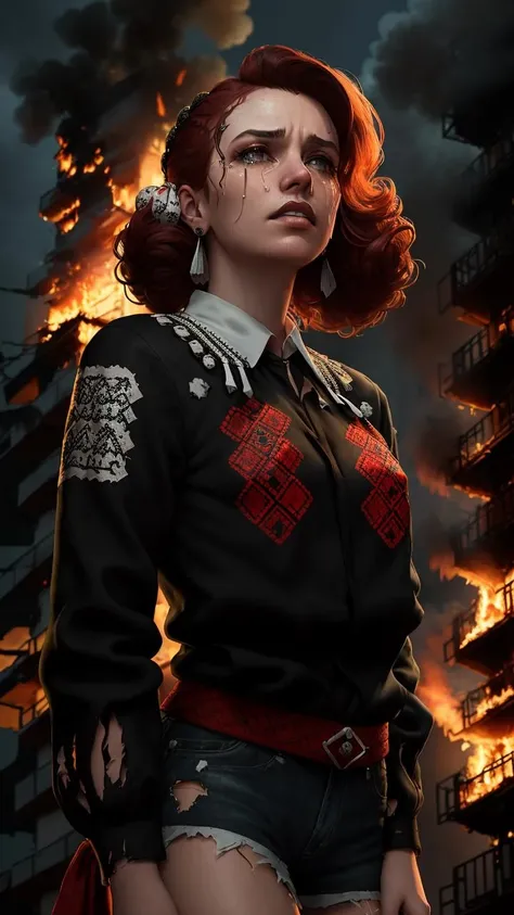 highest quality, 16k, raw photo, photorealistic, professional photograph, intricate, dark, gloomy, (low angle shot:1.3), upper body, (detailed skin, detailed eyes:1.2), (1girl in (torn black vyshyvanka shirt:1.3) with red and white geometrical pattern:1.2), (look at viewer:1.4), (curly red hair:1.1), torn jeans shorts, torn tights, angry, rage, tears on cheeks, dirt, closed mouth, (destroyed burning apartment building:1.4), night time, cyberpunk, cinematic, volumetric lighting <lora:vyshyvanka:1>
