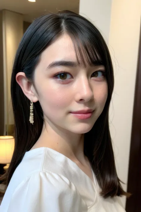 masterpiece,beautiful,extremely detailed,finely detailed,exquisite,(ultra high res),(8k UHD best quality), (realistic, photo-realistic:1.37), depth_of,blurry_background, photo_inset,Dramatic lighting,reference_inset,photo_background,photorealistic,looking_at_viewer,1girl,detailed skin,shiny skin,romantic hotel lobby,(((dress))),(((upper body))),hanna<lora:hanna ishikawa:1>