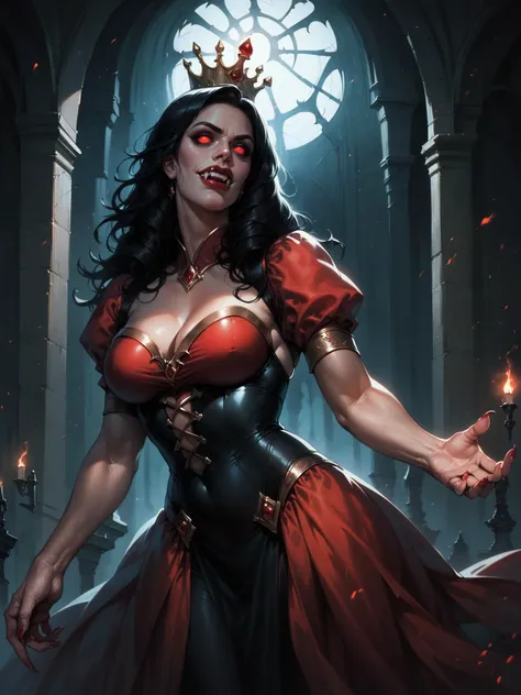 score_8_up, score_7_up, vampire queen standing in dark, black hair, ornate dress, no pupils, no sclera, red lips, fangs, castle indoors, moonlight, particles, night, dark scene, realistic,