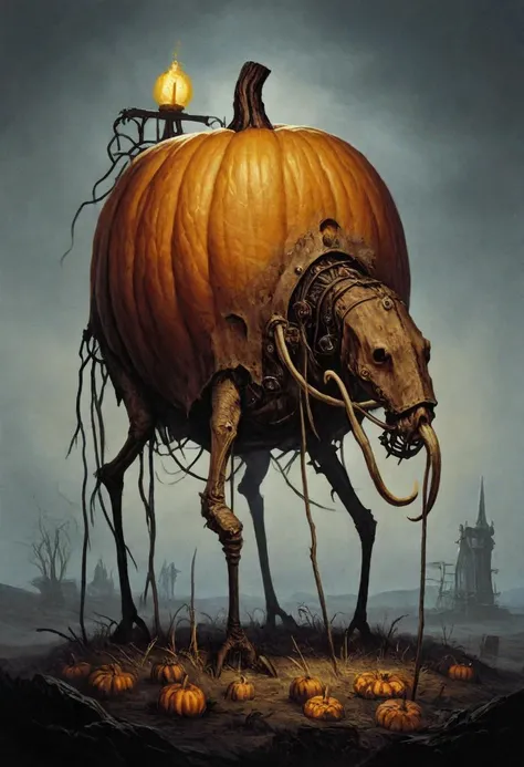 score_9, score_8_up, score_8, ultra detailed, Dark Fantasy Art, Dark Moody Atmosphere, A menacing pumpkin-headed scarecrow looms in a moonlit cornfield, wielding a rusted pitchfork. Eerie orange light flickers within its carved grimace. Tattered robes billow in the autumn wind. Mystical runes glow on its straw-stuffed body, evoking ancient harvest rituals., dramatic, mysterious, dark moody atmosphere, dark, moody, dark fantasy style