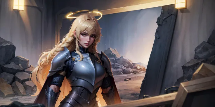 portrait of paladin lady in fishnet black armor, pauldrons, golden frills, muscular, armored pants, cape, shite hair, braid, glowing halo, night, volumetric lighting, best quality, masterpiece, realistic