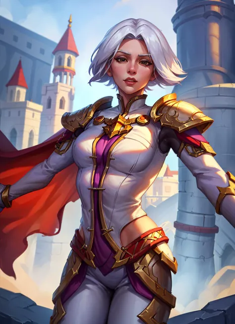 1girl, cowboy shot of beautiful paladin, short white hair, parted bangs, white armor, red cape, dynamic pose, fantasy town outdoors, volumetric lighting, best quality, masterpiece <lora:sxz-blizz-new-2:0.8>