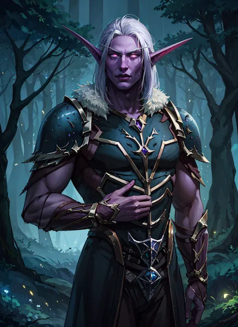 1boy, beautiful henelf in black armor with fur trim, purple skin, glowing white eyes, white hair, forest, tree, night, dark atmosphere, athletic, volumetric lighting, best quality, masterpiece, realistic, <lora:sxz-night-elf-v3:0.7>