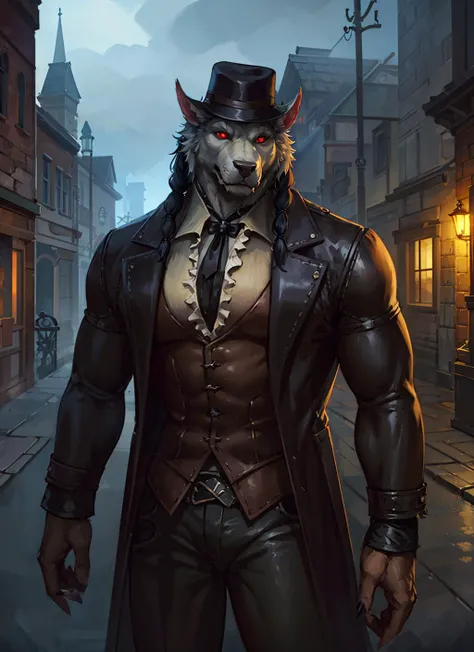 1boy, cowboy shot of heworg, muscular, black fur, braids, hat, long leather coat, red eyes, glowing eyes, victorian town outdoors, dark atmosphere, volumetric lighting, best quality, masterpiece, realistic <lora:sxz-worgen:0.7>