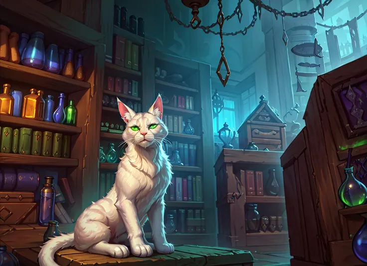no humans, animal focus, white cat sitting on table, deep green eyes, fantasy witch house indoors, potion bottle, bookshelf, dark atmosphere, volumetric lighting, best quality, masterpiece, realistic <lora:sxz-blizz-new-2:0.8>