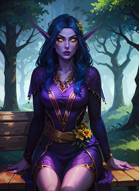 1girl, beautiful shenelf, purple skin, glowing yellow eyes, long blue hair, flower crown, facepaint, purple dress, medieval park, tree, wooden bench, dark atmosphere, athletic, volumetric lighting, best quality, masterpiece, realistic, <lora:sxz-night-elf-v3:0.8>