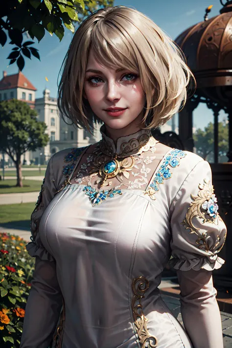 1girl, portrait of shot of re4ashley, smile, tight white ornate dress, park, flowers, <lora:sxz-ashley-graham:0.6>