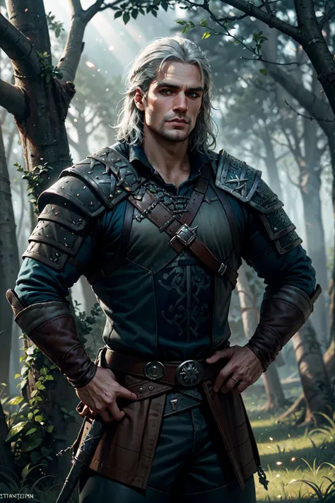 cowboy shot of henry cavill as geralt of rivia, muscular, chainmail, witcher, hands on hips, forest, sunlight, bright scene,