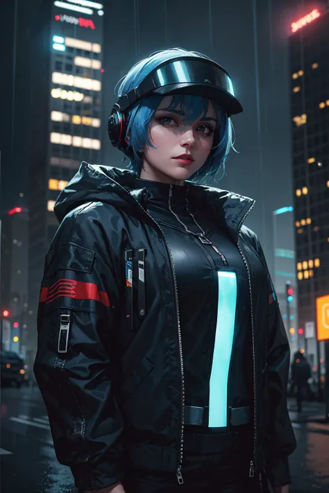 1girl, lady with cybernetic parts, glowing visor, short light blue hair, techwear, oversized black jacket, skyscraper outdoors, neon rim light, night, rain